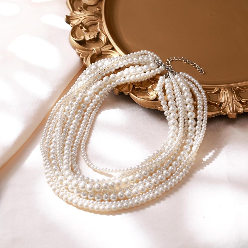 Flyonce Multi Layered Choker Collar Necklace, Glitter Rhinestone Crystal Tassel Multi-Strand Fringe Chains Bib Statement Necklace Prom Jewelry for Women - Image 4
